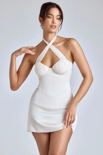 Robe trapèze à encolure croisée Lisbeth, couleur ivoire