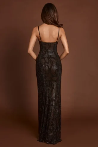 Robe Velia à col bénitier et découpes, ornée de paillettes, motif serpent marron