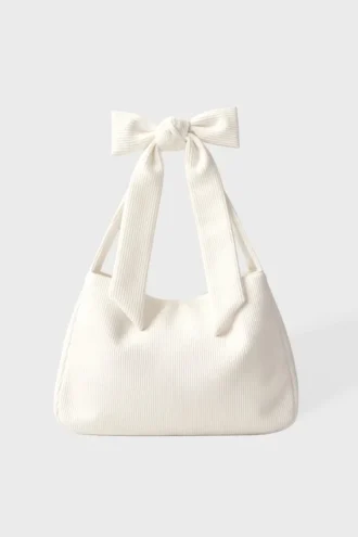 Sac fourre-tout en velours côtelé avec nœud, couleur ivoire