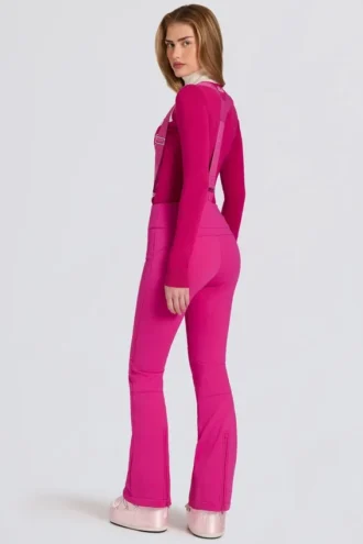 Salopette imperméable taille haute à bretelles, couleur rose magenta