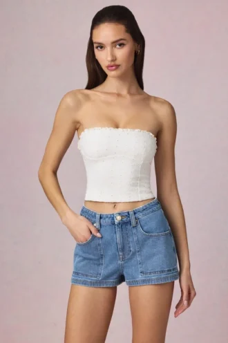 Short Beata à taille haute et coupe trapèze, délavage bleu moyen