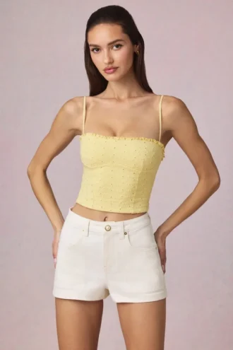 Short Beata taille haute évasé, délavage écru