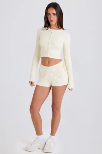 Shorts en maille côtelée à nouer, couleur crème