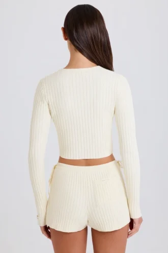 Shorts en maille côtelée à nouer, couleur crème