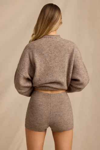 Shorts en maille à taille mi-haute, marron chiné