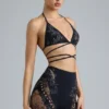 Haut de bikini à bretelles croisées ornées Liberty, noir