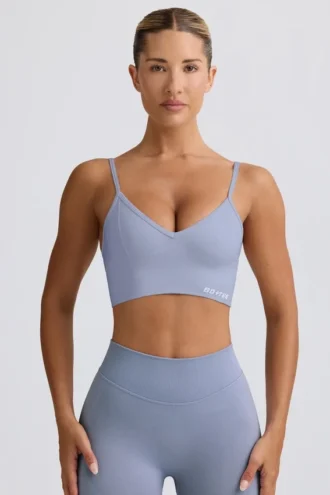 Soutien-gorge de sport Define Luxe à col en V, gris bleu