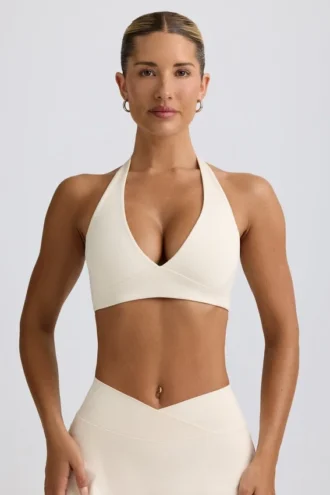 Soutien-gorge de sport en jersey brossé à col en V, couleur ivoire chiné Soutien-gorge de sport en jersey brossé à col en V, couleur ivoire chiné
