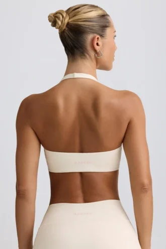 Soutien-gorge de sport en jersey brossé à col en V, couleur ivoire chiné Soutien-gorge de sport en jersey brossé à col en V, couleur ivoire chiné