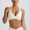 Soutien-gorge de sport en jersey brossé à col en V, couleur ivoire chiné Soutien-gorge de sport en jersey brossé à col en V, couleur ivoire chiné