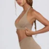 Soutien-gorge de sport en jersey brossé à encolure en V, couleur marbré moka Soutien-gorge de sport en jersey brossé à encolure en V, couleur marbré moka