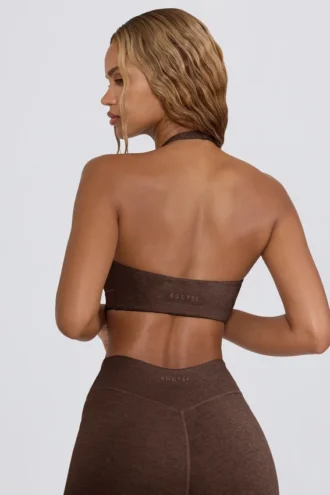 Soutien-gorge de sport en jersey brossé à encolure en V, couleur noisette chinée Soutien-gorge de sport en jersey brossé à encolure en V, couleur noisette chinée