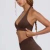 Soutien-gorge de sport en jersey brossé à encolure en V, couleur noisette chinée Soutien-gorge de sport en jersey brossé à encolure en V, couleur noisette chinée