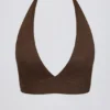 Soutien-gorge de sport en jersey brossé à encolure en V, couleur noisette chinée Soutien-gorge de sport en jersey brossé à encolure en V, couleur noisette chinée
