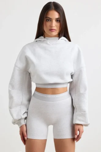 Sweat à capuche court en molleton de coton stretch, gris chiné