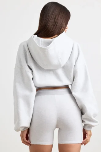 Sweat à capuche court en molleton de coton stretch, gris chiné