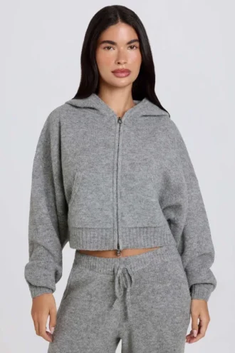 Sweat à capuche court zippé en maille douce, gris