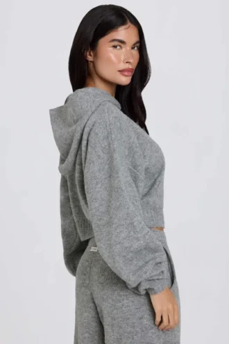 Sweat à capuche court zippé en maille douce, gris
