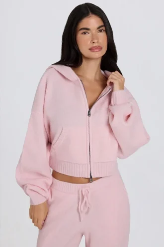 Sweat à capuche court zippé en maille douce, rose pâle