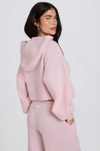 Sweat à capuche court zippé en maille douce, rose pâle