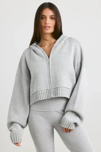 Sweat à capuche court zippé en maille épaisse TRUE, gris chiné