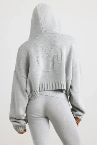 Sweat à capuche court zippé en maille épaisse TRUE, gris chiné
