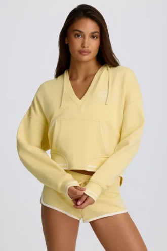 Sweat à capuche en jersey de coton à col en V, couleur citron