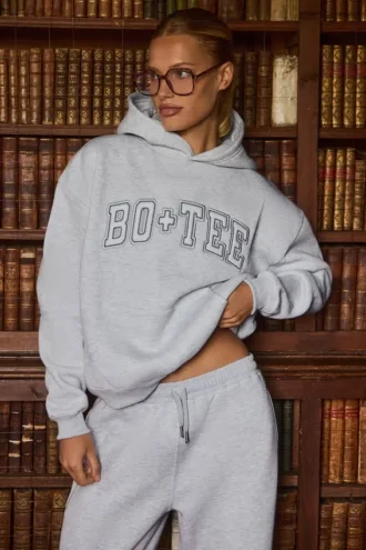 Sweat à capuche oversize brodé, gris chiné