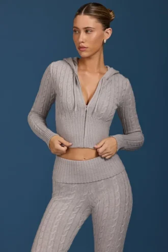 Sweat à capuche zippé en maille torsadée, gris chiné