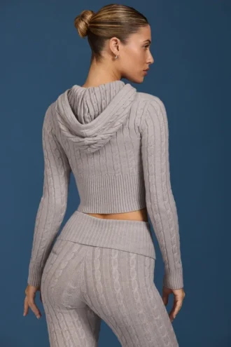 Sweat à capuche zippé en maille torsadée, gris chiné