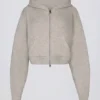 Sweat court à capuche zippé en maille douce, couleur beige