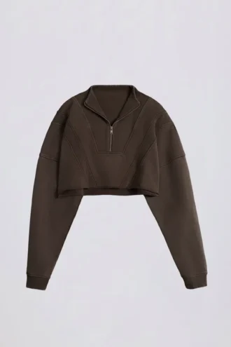 Sweat-shirt court en jersey de coton délavé à l&rsquo;acide, couleur marron