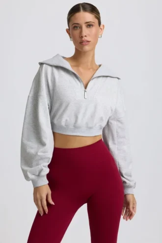 Sweat-shirt court à fermeture éclair quart de longueur, gris chiné