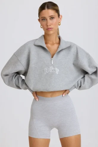 Sweat-shirt court à fermeture éclair quart de longueur, gris chiné