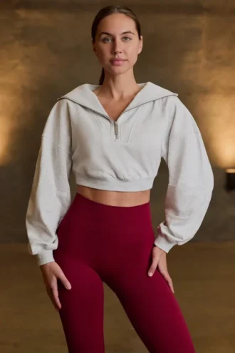 Sweat-shirt court à fermeture éclair quart de longueur, gris chiné