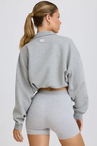 Sweat-shirt court à fermeture éclair quart de longueur, gris chiné
