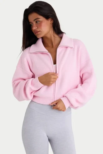 Sweat-shirt court zippé en maille côtelée, rose pâle