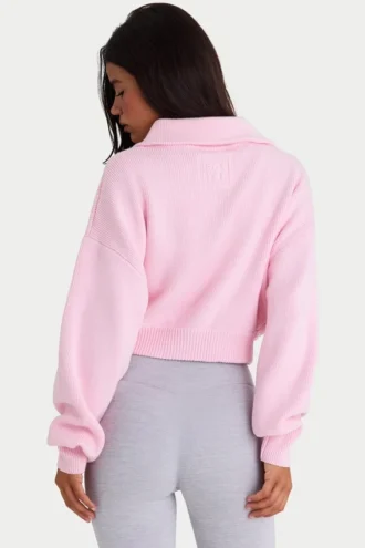 Sweat-shirt court zippé en maille côtelée, rose pâle