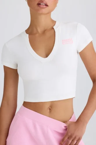 T-shirt court en jersey de coton stretch à imprimé graphique, blanc