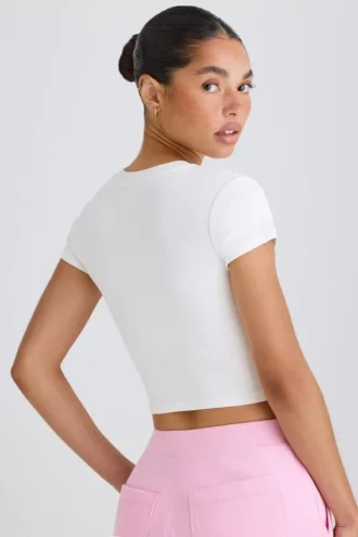 T-shirt court en jersey de coton stretch à imprimé graphique, blanc