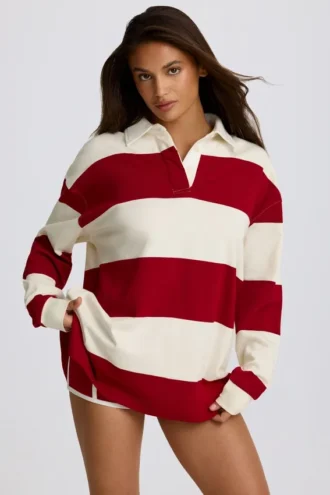 T-shirt oversize à manches longues rayé, rouge foncé