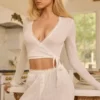 Top court croisé Lou en pointelle, blanc Top court croisé Lou en pointelle, blanc