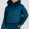 Veste de ski courte imperméable à capuche en fausse fourrure, couleur bleu sarcelle Veste de ski courte imperméable à capuche en fausse fourrure, couleur bleu sarcelle
