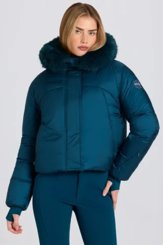Veste de ski courte imperméable à capuche en fausse fourrure, couleur bleu sarcelle
