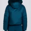 Veste de ski courte imperméable à capuche en fausse fourrure, couleur bleu sarcelle Veste de ski courte imperméable à capuche en fausse fourrure, couleur bleu sarcelle