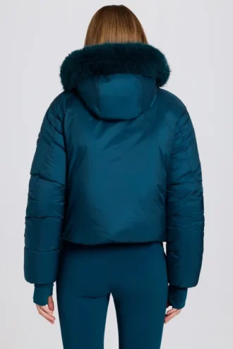 Veste de ski courte imperméable à capuche en fausse fourrure, couleur bleu sarcelle