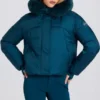 Veste de ski courte imperméable à capuche en fausse fourrure, couleur bleu sarcelle Veste de ski courte imperméable à capuche en fausse fourrure, couleur bleu sarcelle