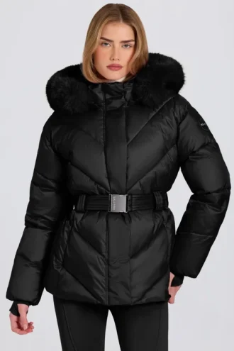 Veste de ski imperméable à capuche en fausse fourrure, couleur noire