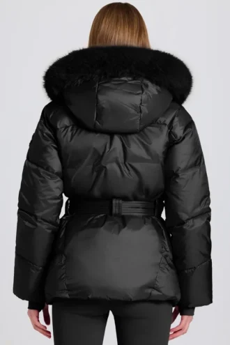 Veste de ski imperméable à capuche en fausse fourrure, couleur noire