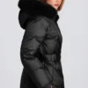 Veste de ski imperméable à capuche en fausse fourrure, couleur noire Veste de ski imperméable à capuche en fausse fourrure, couleur noire